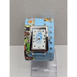 Womens Ed Hardy Swarovski Crystal Geisha Cuff Watch Blue Leather New Battery